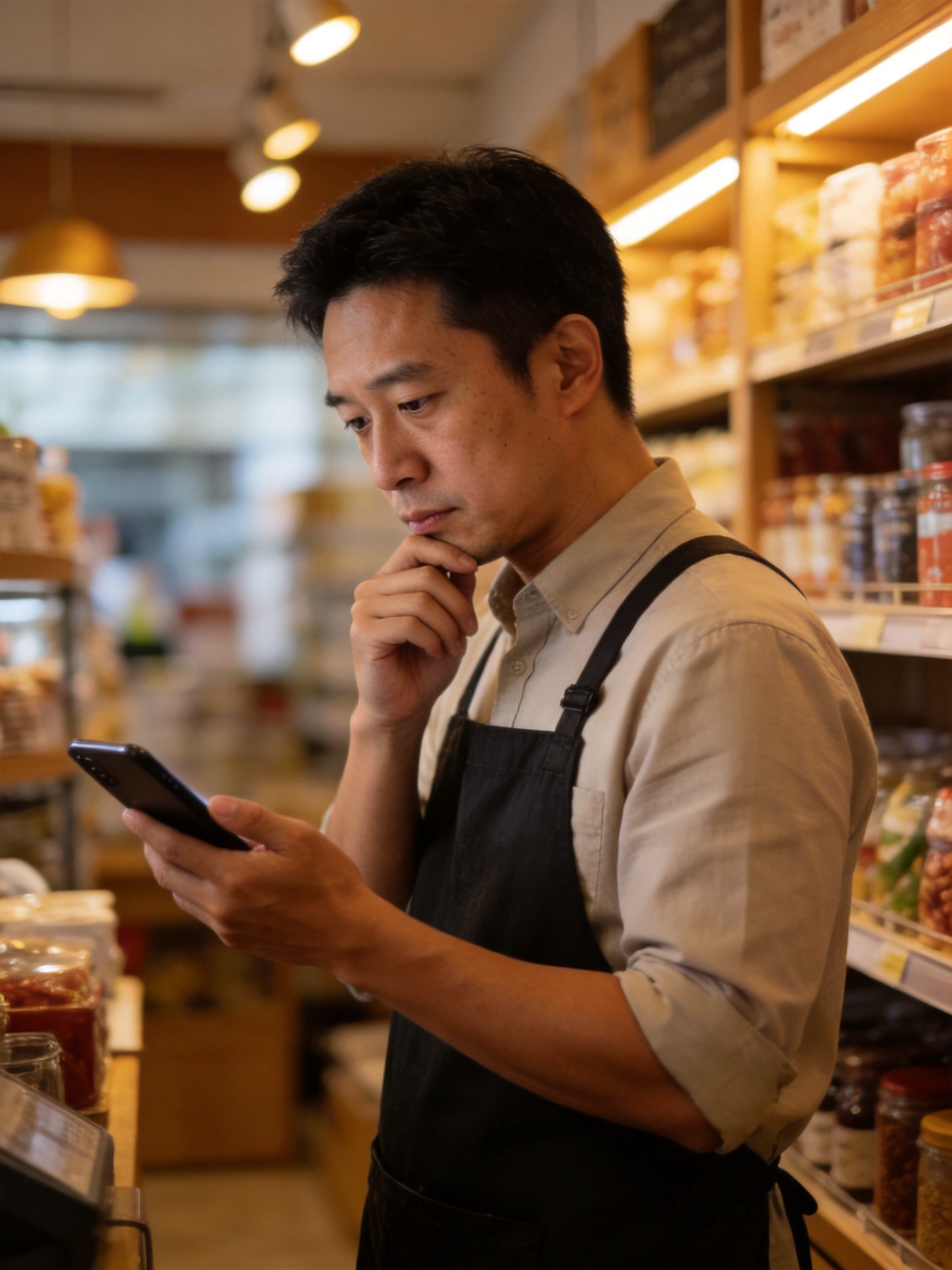 店主在货架间用手机查看短视频店铺数据